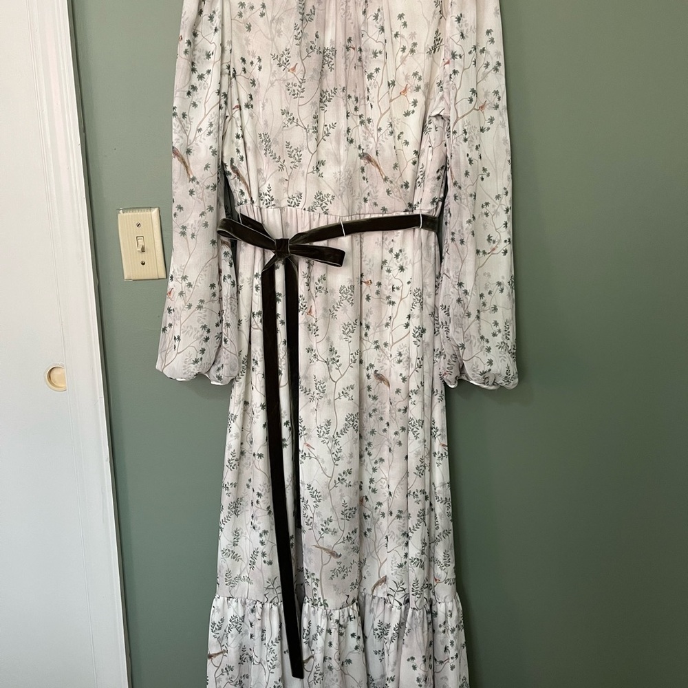 ANTONIO MELANI White Floral Long Sleeve Dress with Green Belt